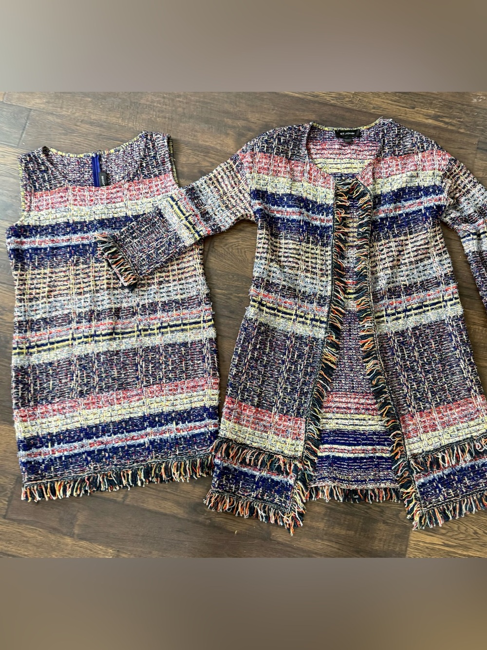 St. John Multicolor Tweed Jacket and Dress Set in Navy, Cream, Red, Yellow, Pink